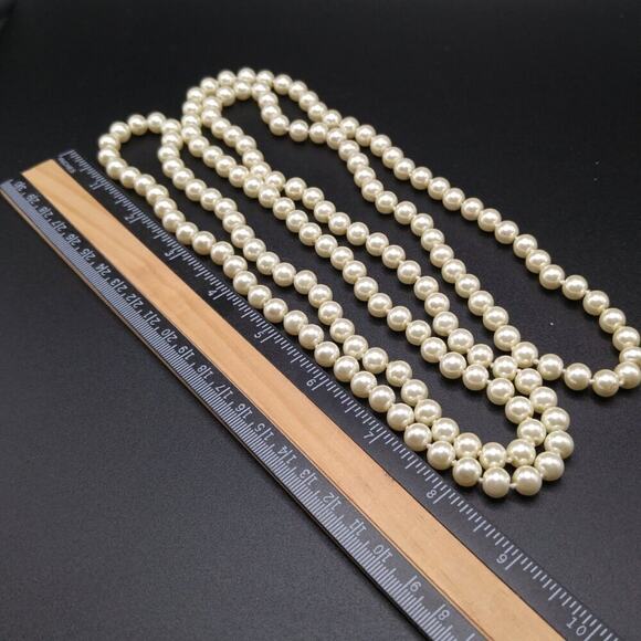 Vintage Glass Pearl Necklace, 54 In, Wedding Necklace, No Clasp, Hand Knotted - Picture 7 of 8